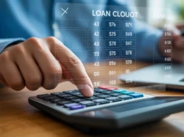 Ranka, sąveikaujanti su skaitmeninės paskolos skaičiuokle, kurioje yra įvairių finansinių galimybių ir numerių.