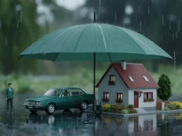 Skėtis, apsaugantis miniatiūrinį automobilį, namą ir asmenį nuo kritimo lietaus.