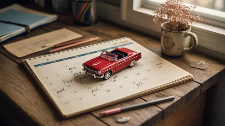 Žaislinis automobilis remiasi kalendoriumi, kuriame rodomos kelios mokėjimo datos.