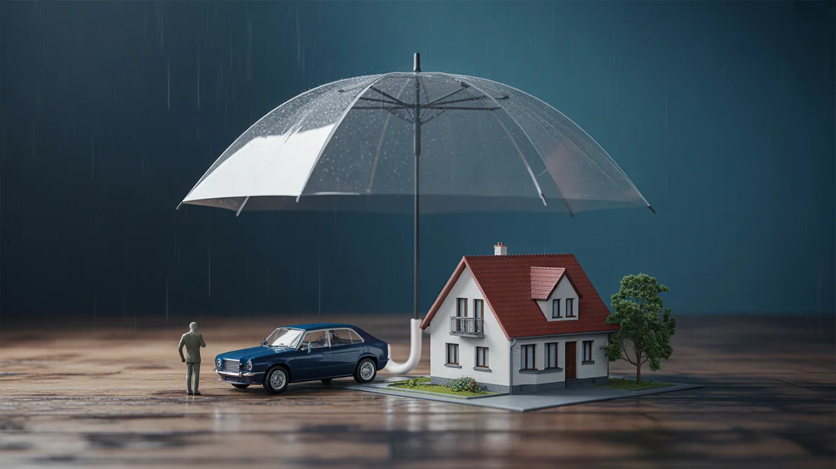 An umbrella shelters miniature models of a car, house, and a person, symbolizing comprehensive protection.