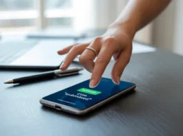 Ranka naudoja išmanųjį telefoną, kad greitai pateiktų draudimo išmoką.