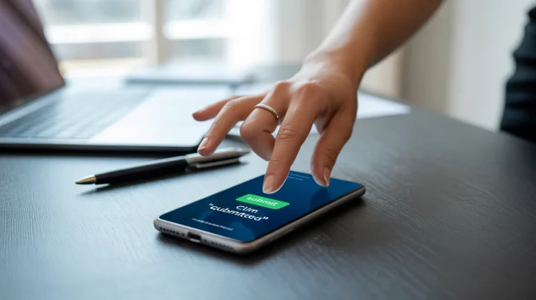 Ranka naudoja išmanųjį telefoną, kad greitai pateiktų draudimo išmoką.