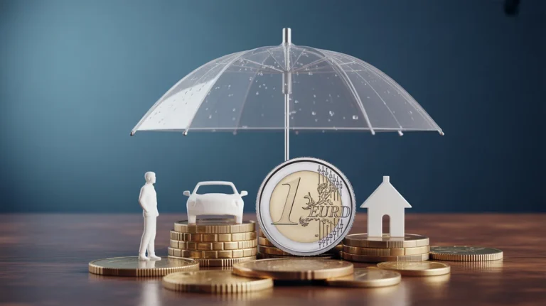 Euro monetos ir miniatiūriniai automobilio, namo ir asmens simboliai po apsauginiu skėčiu.