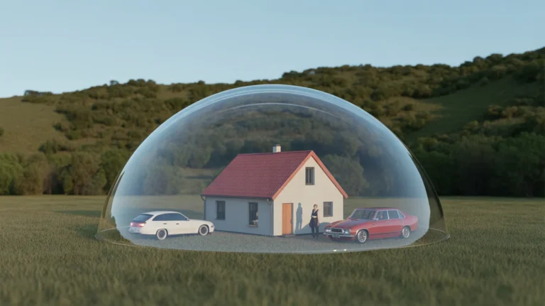 Mažas namas, automobilis ir asmuo, saugiai apsaugotas nuo skaidraus kupolo.