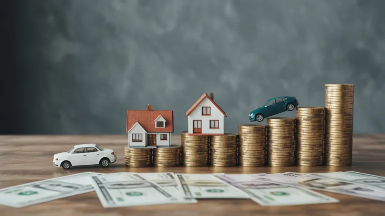 Miniatiūriniai automobilių ir namų modeliai yra šalia augančios pinigų krūvos.