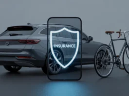 Automobilis ir dviratis yra saugiai padengtas skaitmeniniu draudimo skydu telefono ekrane.