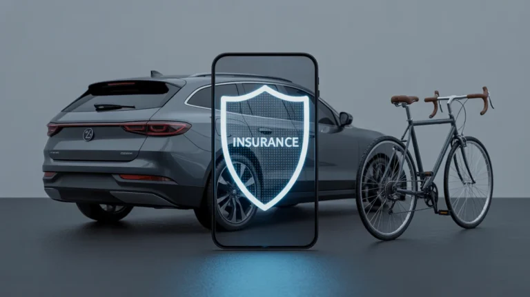 Automobilis ir dviratis yra saugiai padengtas skaitmeniniu draudimo skydu telefono ekrane.