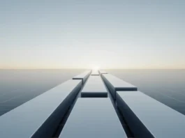 Minimalistinis 3D pateikimas, kuriame yra trys švarios, subtiliai žėrinčios geometrinės kolonos, kylančios iš silpno skaitmeninio tinklo, suartėjančio šviesaus, abstraktaus finansinio horizonto link, simbolizuojant aiškų, diversifikuotą augimą ir prieinamą ETF investavimą pradedantiesiems; Konceptualus menas, minkštas kino apšvietimas, rami spalvų paletė, nesugadintas fonas, oktaninis vaizdas, 8K, aukšta detalė, aštrus dėmesys, profesionali fotografija