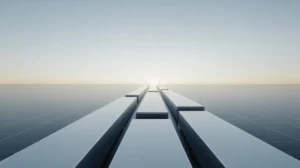Minimalistinis 3D pateikimas, kuriame yra trys švarios, subtiliai žėrinčios geometrinės kolonos, kylančios iš silpno skaitmeninio tinklo, suartėjančio šviesaus, abstraktaus finansinio horizonto link, simbolizuojant aiškų, diversifikuotą augimą ir prieinamą ETF investavimą pradedantiesiems; Konceptualus menas, minkštas kino apšvietimas, rami spalvų paletė, nesugadintas fonas, oktaninis vaizdas, 8K, aukšta detalė, aštrus dėmesys, profesionali fotografija