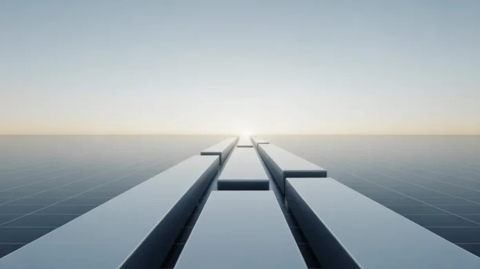 Minimalistinis 3D pateikimas, kuriame yra trys švarios, subtiliai žėrinčios geometrinės kolonos, kylančios iš silpno skaitmeninio tinklo, suartėjančio šviesaus, abstraktaus finansinio horizonto link, simbolizuojant aiškų, diversifikuotą augimą ir prieinamą ETF investavimą pradedantiesiems; Konceptualus menas, minkštas kino apšvietimas, rami spalvų paletė, nesugadintas fonas, oktaninis vaizdas, 8K, aukšta detalė, aštrus dėmesys, profesionali fotografija