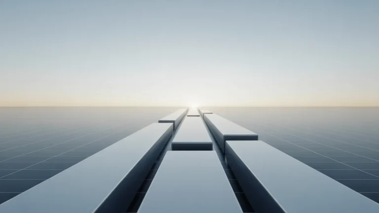 Minimalistinis 3D pateikimas, kuriame yra trys švarios, subtiliai žėrinčios geometrinės kolonos, kylančios iš silpno skaitmeninio tinklo, suartėjančio šviesaus, abstraktaus finansinio horizonto link, simbolizuojant aiškų, diversifikuotą augimą ir prieinamą ETF investavimą pradedantiesiems; Konceptualus menas, minkštas kino apšvietimas, rami spalvų paletė, nesugadintas fonas, oktaninis vaizdas, 8K, aukšta detalė, aštrus dėmesys, profesionali fotografija