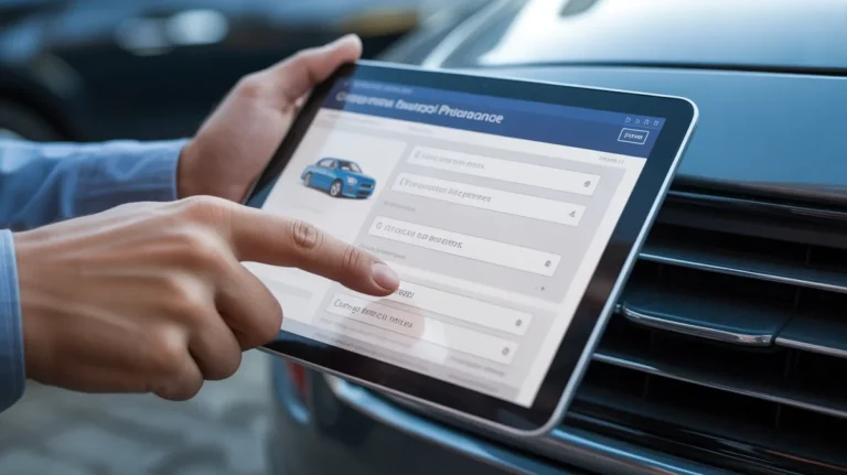 Ranka naudoja planšetinį kompiuterį, kad patogiai palygintų automobilio draudimo galimybes internete.