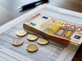 Lietuvos euro banknotai ir monetos kartu su mokesčių formomis ant medinio stalo.