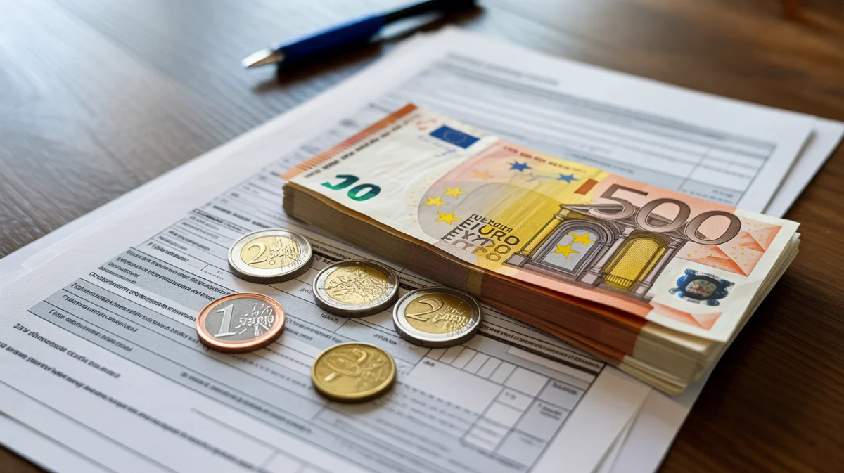 Lietuvos euro banknotai ir monetos kartu su mokesčių formomis ant medinio stalo.