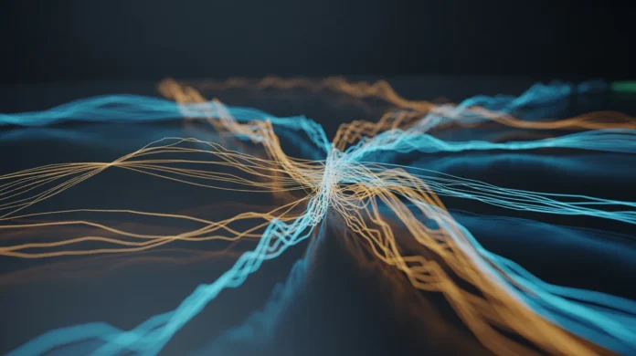 Futuristinis duomenų vizualizacijos menas, žėrintis abstraktūs tinklai, susipynę ir skiriasi, vaizduojantys kelis skirtingus „Fintech“ sprendimus, atsižvelgiant į tamsią, minimalistinį foną. Linijos turėtų būti skirtingos spalvos, subtiliai simbolizuojančios palyginimą ir pasirinktą procesą, kino apšvietimą, 3D pateikimą, skaitmeninę eleganciją, aukštą detalę, 8K, aukštą detalę, aštrų fokusą, profesionalią fotografiją