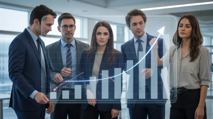 Ramų ir pasitikinčių Europos verslo profesionalų grupė bendradarbiaudama su dideliu, permatomu skaitmeniniu ekranu, rodančiu aiškias, teigiamas finansinio augimo diagramas, maudomas ryškioje, optimistiškoje šviesoje aptakioje, modernioje biure, fotorealistinėje, futuristinėje, bet įžemintoje.
