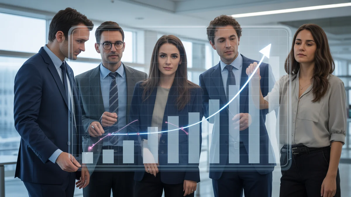 Ramų ir pasitikinčių Europos verslo profesionalų grupė bendradarbiaudama su dideliu, permatomu skaitmeniniu ekranu, rodančiu aiškias, teigiamas finansinio augimo diagramas, maudomas ryškioje, optimistiškoje šviesoje aptakioje, modernioje biure, fotorealistinėje, futuristinėje, bet įžemintoje.