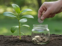 Ranka sudeda monetą į skaidrų indelį su augančiu žaliu sodinuku.