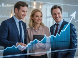 Pasitikinusi Europos pora ir jų finansų patarėja šypsosi žiūrint dinamišką, skaidrią skaitmeninę sąsają, kurioje parodyta aiški jų investicinio portfelio trajektorija, įsteigta šviesioje, modernioje biure, fotorealistinėje, žmonėms, sąveikaujantiems su skaitmeninėmis sąsajomis ir diagramomis, futuristine, bet pagrįsta, perteikiančia optimizmą ir finansinį saugumą.