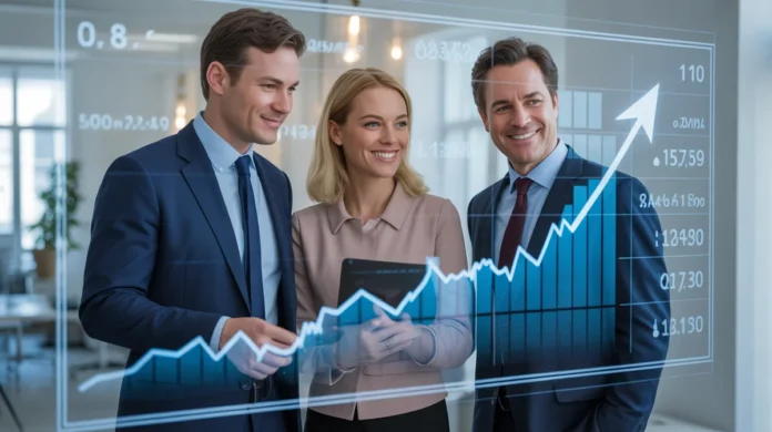 Pasitikinusi Europos pora ir jų finansų patarėja šypsosi žiūrint dinamišką, skaidrią skaitmeninę sąsają, kurioje parodyta aiški jų investicinio portfelio trajektorija, įsteigta šviesioje, modernioje biure, fotorealistinėje, žmonėms, sąveikaujantiems su skaitmeninėmis sąsajomis ir diagramomis, futuristine, bet pagrįsta, perteikiančia optimizmą ir finansinį saugumą.