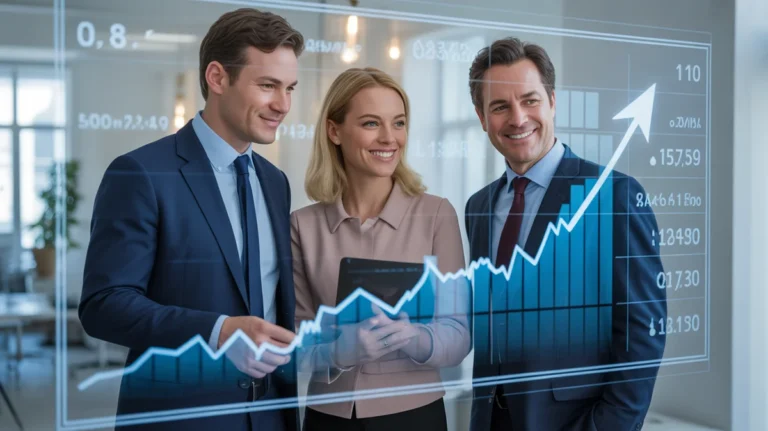 Pasitikinusi Europos pora ir jų finansų patarėja šypsosi žiūrint dinamišką, skaidrią skaitmeninę sąsają, kurioje parodyta aiški jų investicinio portfelio trajektorija, įsteigta šviesioje, modernioje biure, fotorealistinėje, žmonėms, sąveikaujantiems su skaitmeninėmis sąsajomis ir diagramomis, futuristine, bet pagrįsta, perteikiančia optimizmą ir finansinį saugumą.