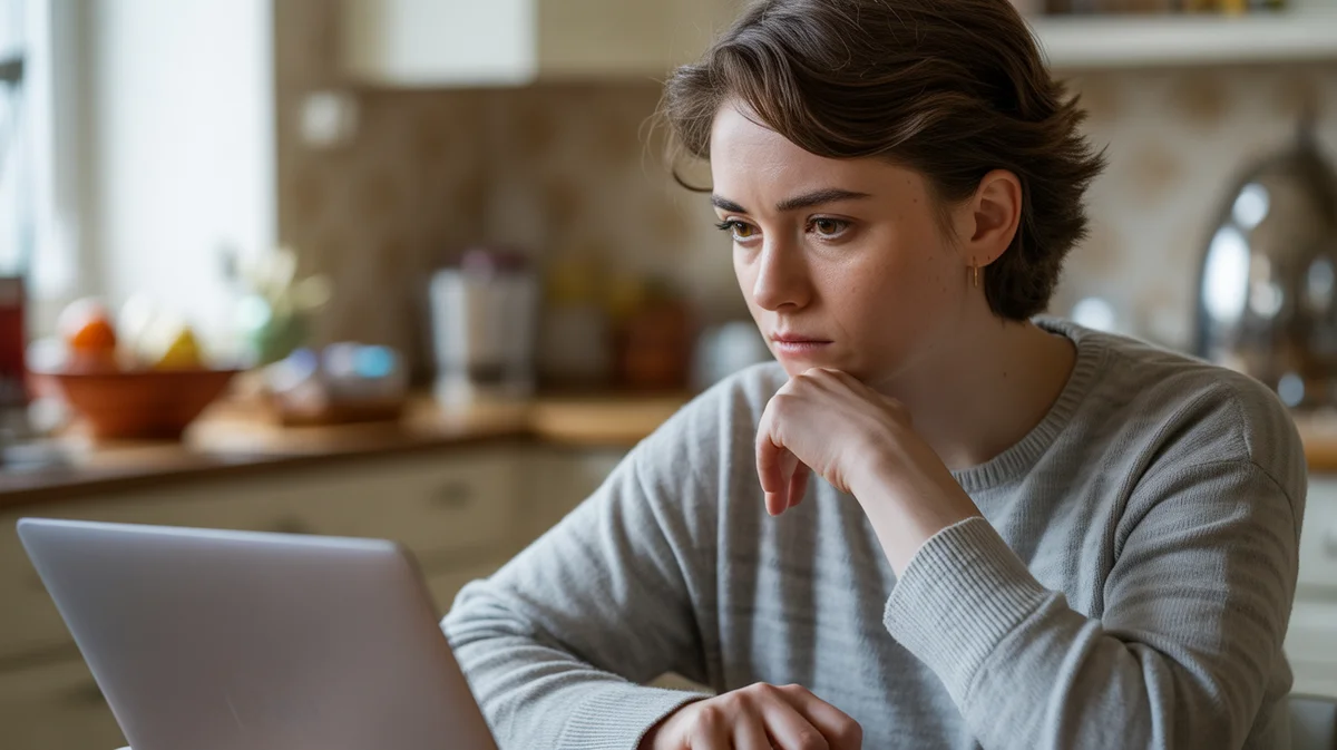 Greitasis Kreditas Internetu: Raskite Pigiausią ir Patikimą! Image Fotorealistinis nuoširdus gyvenimo būdo fotografavimas iš apgalvoto jauno Europos, o ne modelio, sėdint prie virtuvės stalo ar gyvenamajame kambaryje, įdėmiai žiūrėdamas į nešiojamojo kompiuterio ekraną. Švelni, natūrali šviesa apšviečia jų veidą, perteikdamas sutelkto svarstymo jausmą ir kruopščiai priimant sprendimus dėl internetinių finansinių galimybių. Fonas yra šiek tiek neryškus, rodantis, kad kasdienis namų aplinka, 4K, 8K, aukšta detalė, aštrus dėmesys, profesionali fotografija