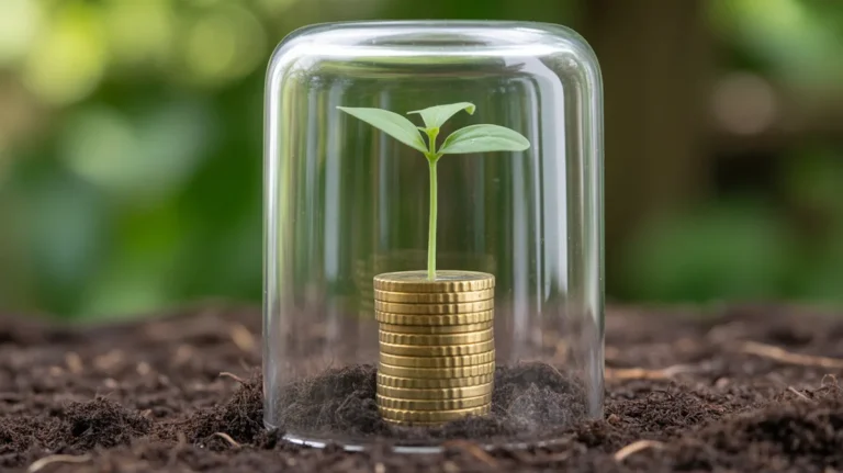 Mažas sodinukas, augantis iš krūvos euro monetų, apsaugotų stikliniu skydu.