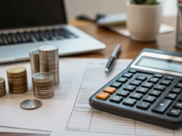 Stalo sąranka, kurioje rodoma skaičiuoklė, monetos ir formos, atspindintys individualų verslo finansinį planavimą.
