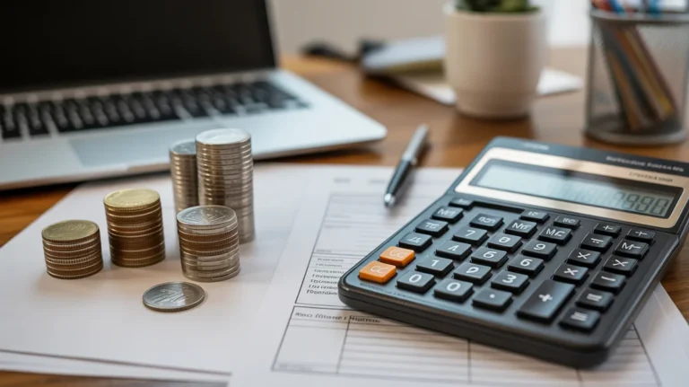 Stalo sąranka, kurioje rodoma skaičiuoklė, monetos ir formos, atspindintys individualų verslo finansinį planavimą.