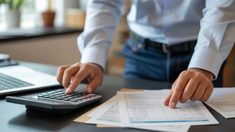 Asmuo, efektyviai organizuojantis finansinius dokumentus su mokesčių skaičiuokle ant stalo.