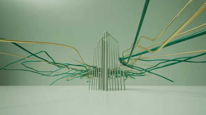 Konceptualus 3D perteikimas minimalistinės, elegantiškos architektūrinės struktūros (vaizduojančios nekilnojamąjį turtą), stovinti ant tvirtos, švarios platformos, su abstraktomis, žėrinčiomis linijomis ir geometrinėmis formomis aukso ir smaragdo žalios