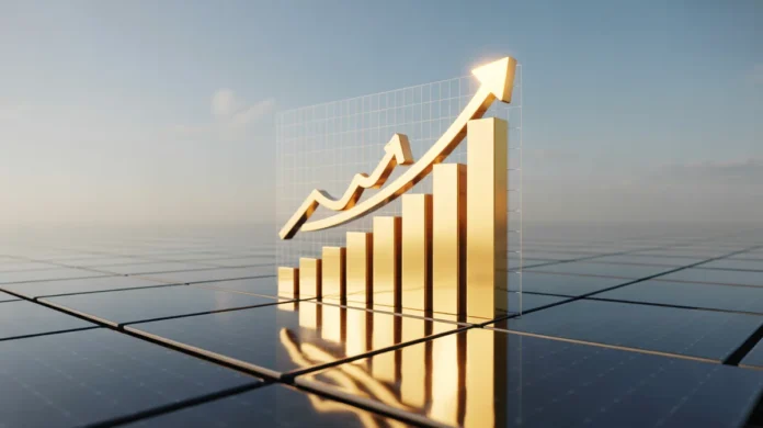 Simbolinis 3D aptakių saulės baterijų atvaizdavimas, sukuriantis spinduliuojančią auksinę šviesą, kuri virsta augančia finansine grafiku ir apsauginiu abstrakčiu skydu, įkūnijančiu pelningas ir saugias investicijas į atsinaujinančią energiją. Minimalistinis, švarus fonas, konceptualus menas, ryškios spalvos, kino apšvietimas, oktaninis vaizdas, 8K, aukšta detalė, aštrus dėmesys, profesionali fotografija