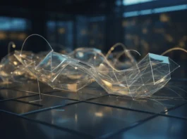 Anotacija 3D duomenų vizualizacija žvilgančiai, sujungtos geometrinėms formoms ir švytinčioms linijoms, sudarant dinamišką, įvairaus investicinio fondo struktūrą, o elementai subtiliai rodo ilgalaikį augimą ir strateginį pasirinkimą, futuristinį, infografiką, tamsią foną, turtingą mėlyną ir auksinę paletę, kino teatro apšvietimą, plexus.
