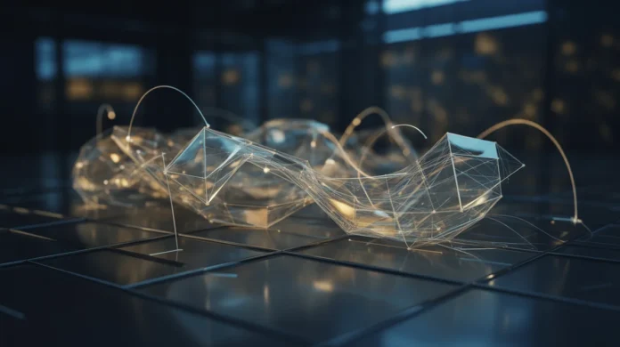 Anotacija 3D duomenų vizualizacija žvilgančiai, sujungtos geometrinėms formoms ir švytinčioms linijoms, sudarant dinamišką, įvairaus investicinio fondo struktūrą, o elementai subtiliai rodo ilgalaikį augimą ir strateginį pasirinkimą, futuristinį, infografiką, tamsią foną, turtingą mėlyną ir auksinę paletę, kino teatro apšvietimą, plexus.