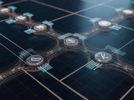 Abstrakčių duomenų vizualizacija, švari ir futuristinė, vaizduojanti besiplečiantį, saugų kriptovaliutų tinklą su sudėtingomis žėrinčiomis linijomis ir subtiliais skaitmeniniais turto simboliais, sutvarkytais aiškumui giliai tamsiam fone