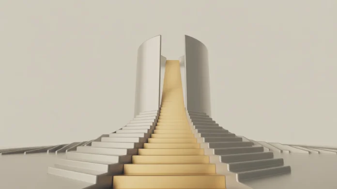 Minimalistinis 3D stipraus, stilizuoto kolonos, atsirandančios iš saugaus pagrindo, perteikimas, kurio nuoseklus, švelnus auksinės šviesos srautas stabiliai kyla iš viršaus, simbolizuodamas nuspėjamas pajamas ir investicijų į obligacijas stabilumą. Švarus koncepcinis menas, minkštas kino apšvietimas, šilti finansiniai tonai, oktaninis vaizdas, 8K, aukšta detalė, aštrus dėmesys, profesionali fotografija