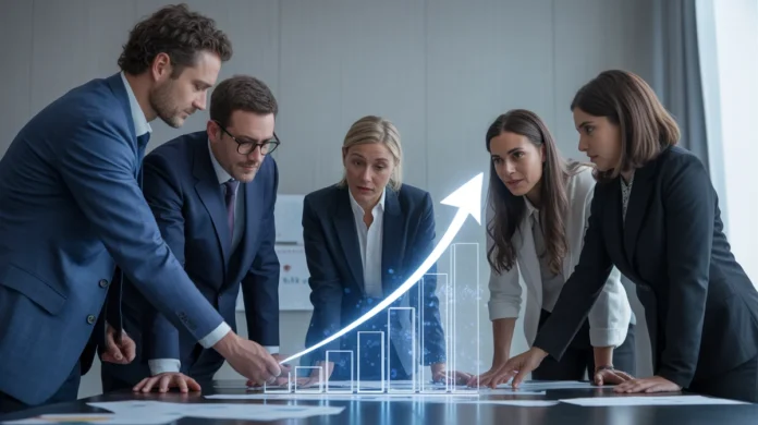 Įvairi Europos verslo profesionalų ir klientų grupė, bendradarbiaudama peržiūrint konceptualią, optimistišką finansinio augimo trajektoriją, vaizduojamą kaip abstraktus, tekanti šviesa, minimalistinėje posėdžių salėje, išsimaudančioje minkštoje natūralioje, kinematografinėje, orientuotoje į bendradarbiavimą, pasitikėjimą ir ateityje.