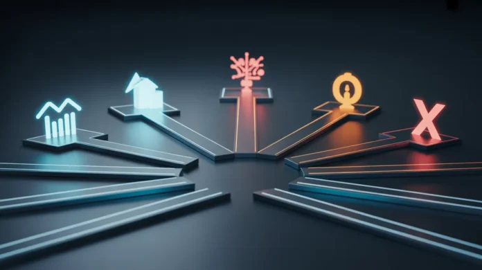 Anotacija 3D pateikimas, simbolinis investicinio gyvybės draudimo strategijų vaizdas, centrinė platforma, išsišakojusi į daugybę skirtingų, žėrinčių finansinių kelių, kiekvienas kelias, vedantis į skirtingą abstrakčią augimo ar saugumo simbolį, minimalistinis, švarus fonas, ryškus vėsiai ir šiltas spalvas, kinematriškas apšvietimas, oktaninis vaizdas.