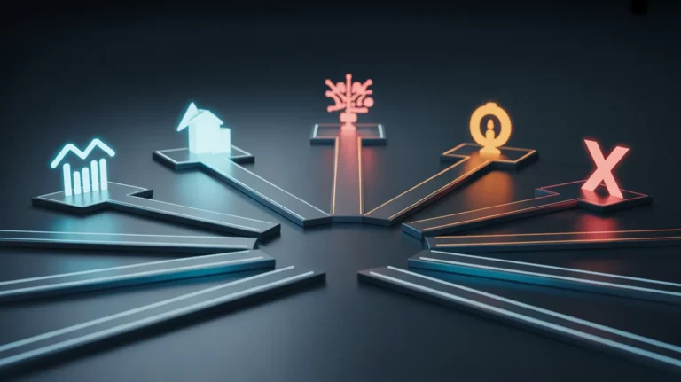 Anotacija 3D pateikimas, simbolinis investicinio gyvybės draudimo strategijų vaizdas, centrinė platforma, išsišakojusi į daugybę skirtingų, žėrinčių finansinių kelių, kiekvienas kelias, vedantis į skirtingą abstrakčią augimo ar saugumo simbolį, minimalistinis, švarus fonas, ryškus vėsiai ir šiltas spalvas, kinematriškas apšvietimas, oktaninis vaizdas.