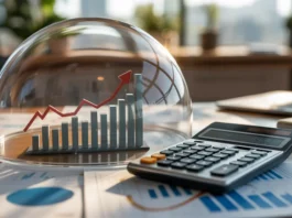 Skaičiuoklė ant stalo šalia kelių aukštyn kylančių finansinių diagramų po skaidriu kupolu.