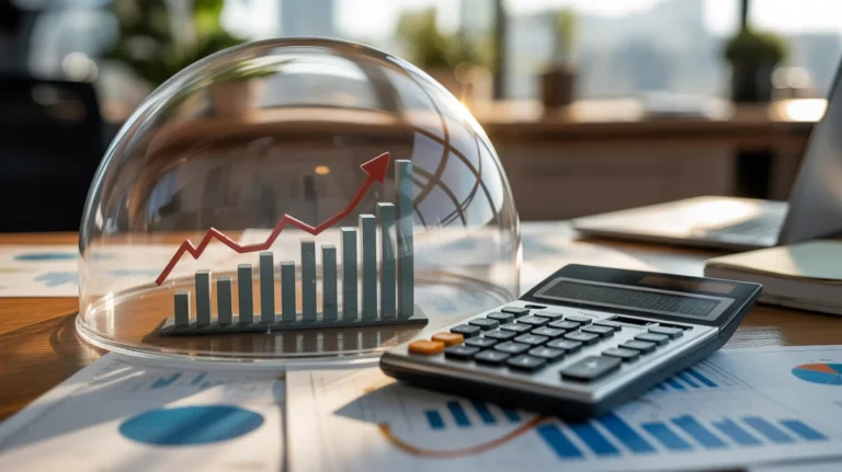 Skaičiuoklė ant stalo šalia kelių aukštyn kylančių finansinių diagramų po skaidriu kupolu.