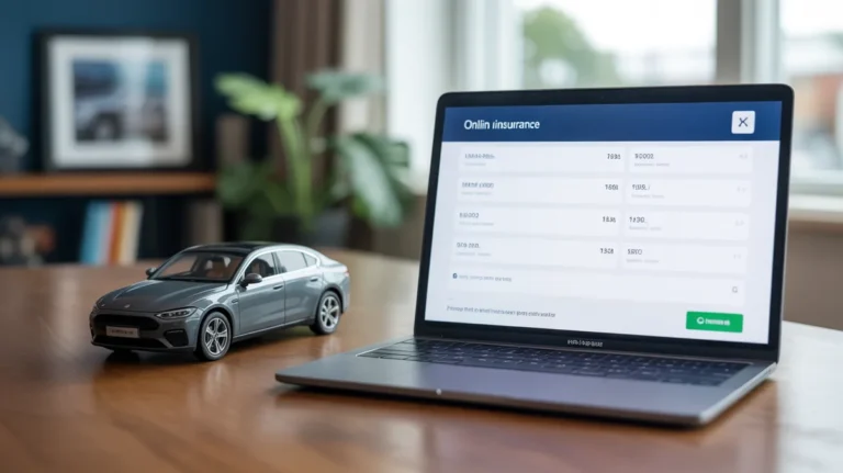 Nešiojamojo kompiuterio ekranas, kuriame rodomos internetinės automobilio draudimo kainos šalia miniatiūrinio automobilio.