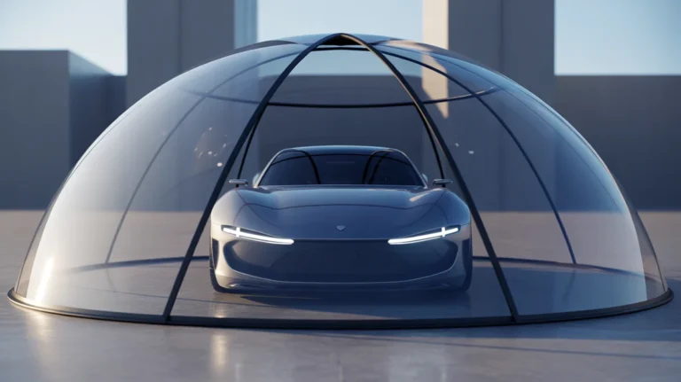 Aptakus automobilis, saugiai uždengtas skaidriame, apsauginiame kupole.