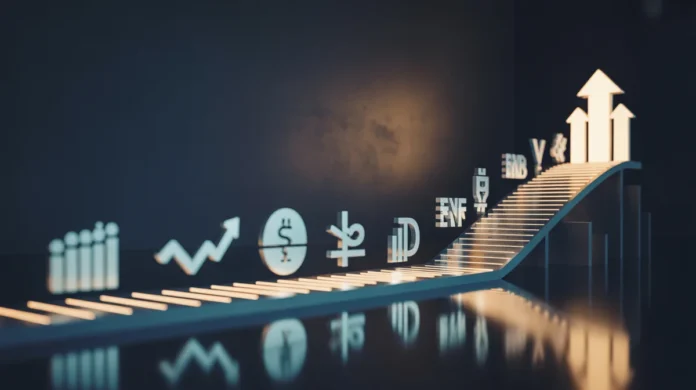 Konceptualus 3D apšviesto, aukštyn slopinimo kelio pateikimas, simbolizuojantis mokymosi kelionę investuoti. Kelyje abstrakčios, subtilios piktogramos atspindi įvairias investavimo galimybes, tokias kaip kylančios akcijų grafikai, skaitmeninės valiutos simboliai ir stabilūs fondo blokai. Kelias baigiasi ryškiu, abstrakčiu finansinio augimo ir galimybių simboliu. Minimalistinis dizainas, švarus fonas, ryškus vėsių ir šiltų spalvų paletė, kino apšvietimas, oktaninis vaizdas, 8K, aukšta detalė, aštrus dėmesys, profesionali fotografija