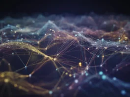 Ryški, futuristinė duomenų vizualizacija, sudėtingas daugybės švytinčių mazgų ir dinaminių šviesių linijų tinklas, vaizduojantis įvairius klestinčius ir plečiančius altcoins, su keletu ryškių, ryškesnių klasterių, simbolizuojančių perspektyvius projektus, abstrakčią, skaitmeninę ekosistemą, tamsią foną, energingą mėlyną, auksinę ir violetinę paletę, 4K, kinematų apšvietimą.