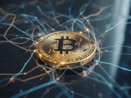 Dinaminė sudėtingo „blockchain“ tinklo duomenų vizualizacija, pasižyminti švytinčiomis auksinėmis ir elektrinėmis mėlynomis linijomis, sudarančiomis saugius, sujungtus mazgus, simbolizuojančius „Bitcoin“ kaip decentralizuotą skaitmeninį auksą, nustatytą pagal tamsią, futuristinį foną moderniame infografikoje su subtiliu rezginio efektu.