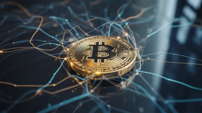 Dinaminė sudėtingo „blockchain“ tinklo duomenų vizualizacija, pasižyminti švytinčiomis auksinėmis ir elektrinėmis mėlynomis linijomis, sudarančiomis saugius, sujungtus mazgus, simbolizuojančius „Bitcoin“ kaip decentralizuotą skaitmeninį auksą, nustatytą pagal tamsią, futuristinį foną moderniame infografikoje su subtiliu rezginio efektu.