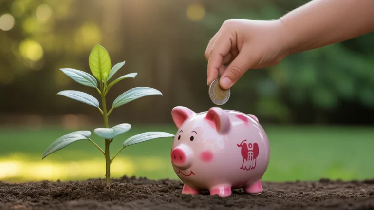Vaiko ranka deponuoja monetą į kiaulės banką, šalia jo auga mažas augalas.