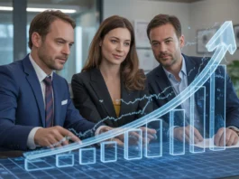 Fotorealistinis Europos finansų patarėjo, vedančio Europos porą, vaizdas per išplėstinę, interaktyvią holografinę diagramą, vaizduojančią sudėtingą pradinę būseną, transformuojančią į aiškų, aukštyn tendencinį kelią į finansinę nepriklausomybę, nustatytą aptakioje, modernioje įstaigoje su saugia ir optimistiška atmosfera, futuristine, bet pagrįsta.