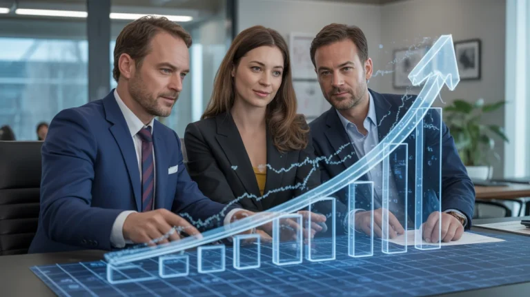 Fotorealistinis Europos finansų patarėjo, vedančio Europos porą, vaizdas per išplėstinę, interaktyvią holografinę diagramą, vaizduojančią sudėtingą pradinę būseną, transformuojančią į aiškų, aukštyn tendencinį kelią į finansinę nepriklausomybę, nustatytą aptakioje, modernioje įstaigoje su saugia ir optimistiška atmosfera, futuristine, bet pagrįsta.